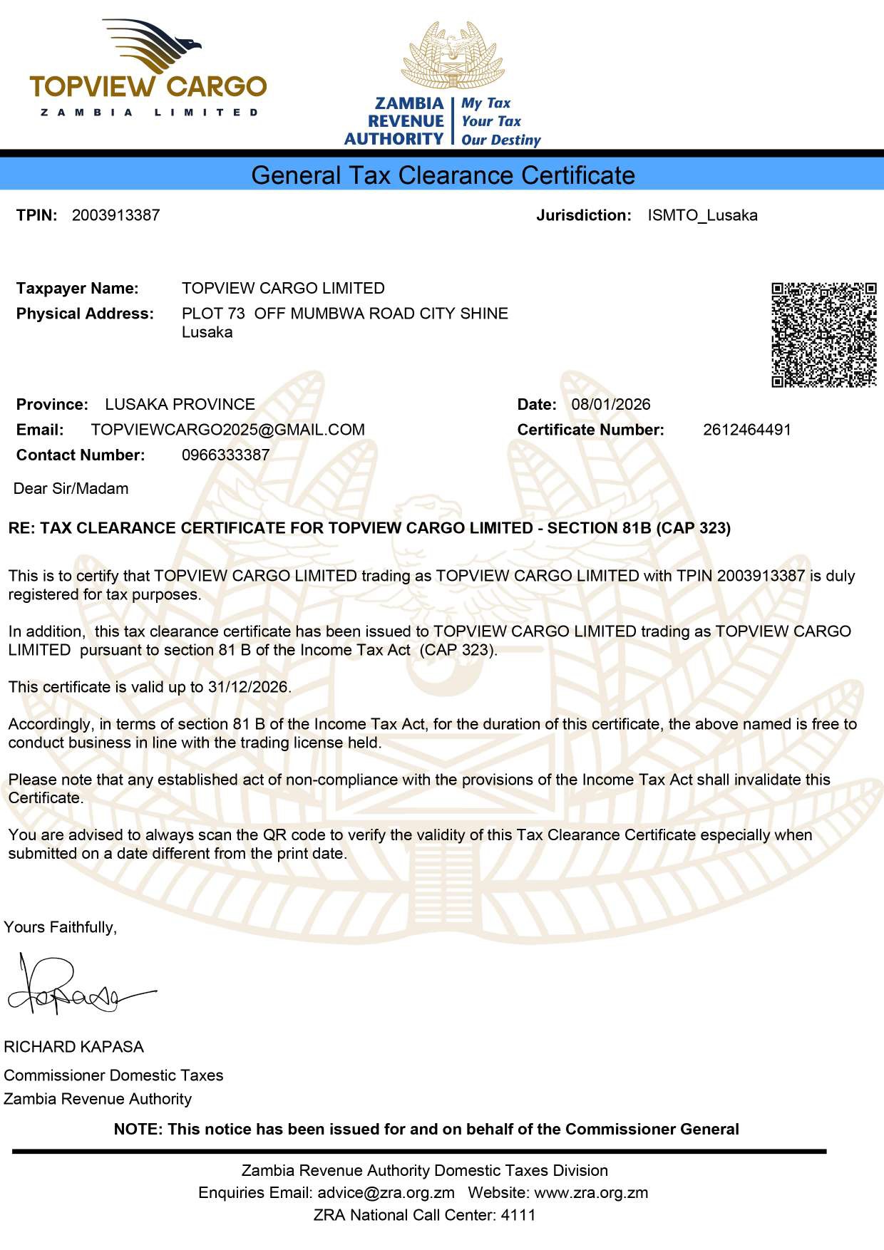 General Tax Clearance Certificate preview